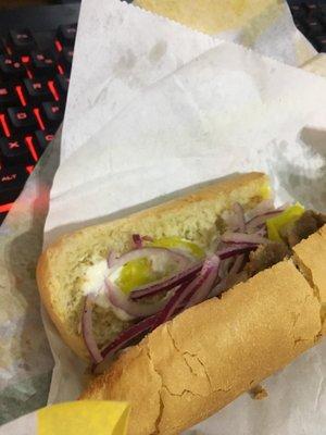 A "Steak and cheese with onions and peppers."