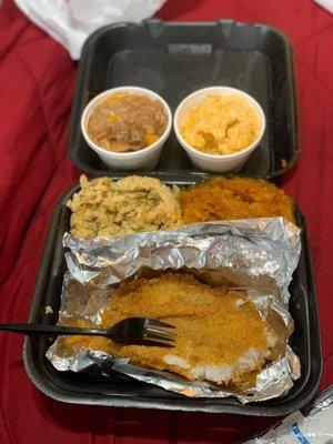 Full Catfish with 2 sides , Mac & Cheese , Peach Cobbler ,Sweet Potatoes, Dressing