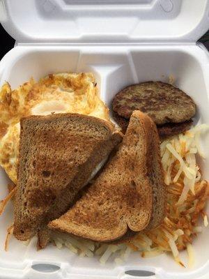 Nicky D's special-breakfast...2 eggs fried hard, hash brown, and turkey sausage with toast