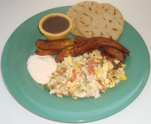 Typical Salvadoran Breakfast-Plaintains, Scrambled eggs, black beans, Salvadoran Crema served with 2 handmade corn tortillas