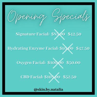 Opening Specials! 50% off + a free mini take-home skincare product!