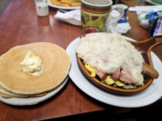 Meaty Skillet Breakfast with Pancakes