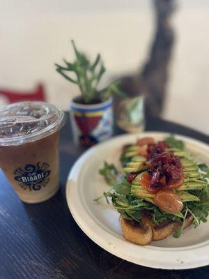 Sugar free churro latte and avocado toast with dried tomatoes! So delicious