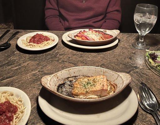 Butter Dill Salmon (bottom) Chicken Parmesan (top)