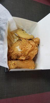 $5 box.  2 pieces of chicken (leg & breast), fries & a chocolate chip cookie.