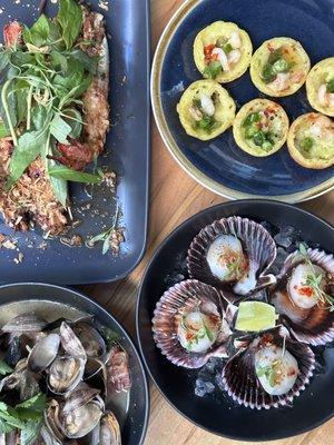 Hawker Night Menu - Caramelized River Prawns, Steamed Clams, Crispy Vietnamese Rice cakes, scallop crudo