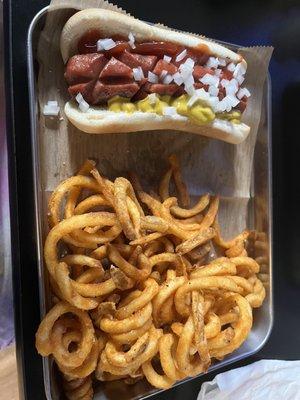 Hot dog and curly fries - the curly fries are so fresh and crunchy!