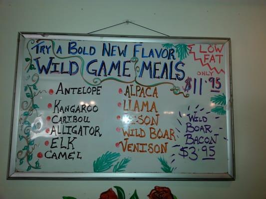 Menu of exotic meat!