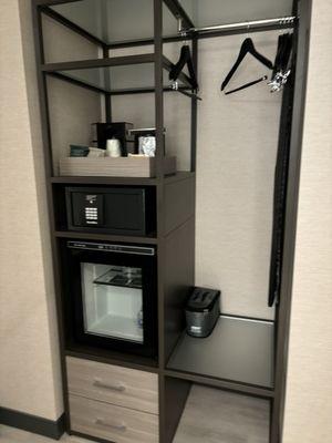 Coffee maker, safe, mini fridge ironing board