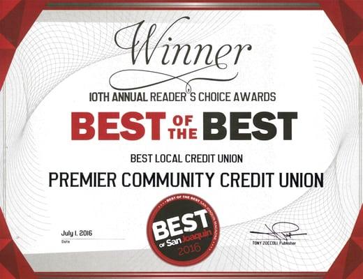 Premier Community Credit Union received Best of San Joaquin 2016