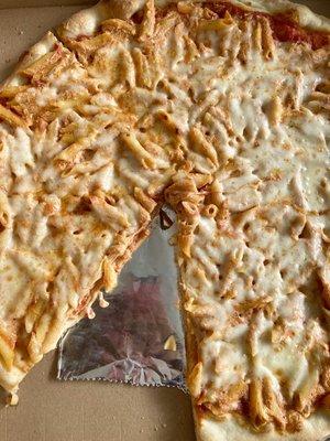 Baked ziti pizza - my husband can afford the carbs apparently.