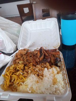 Noodles, white rice, teriyaki chicken, sesame chicken!