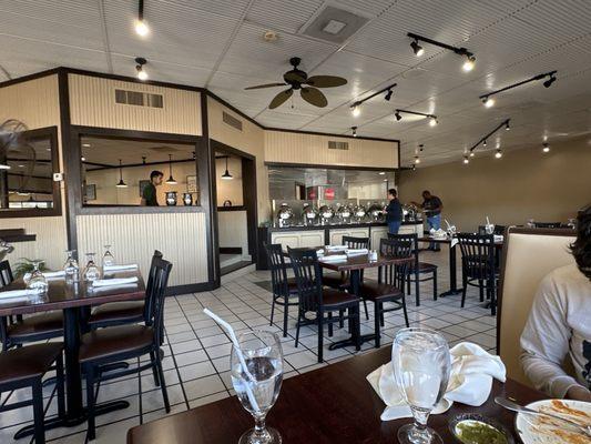 Restaurant seating area with buffet