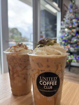 iced pistachio and iced caramel coffees