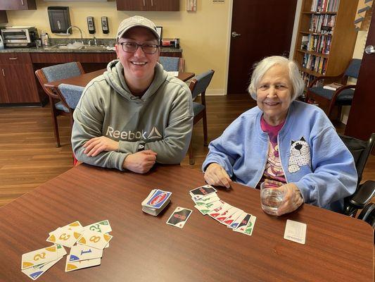 Playing cards in the activity room.