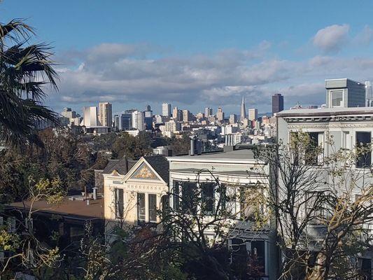 View of city skyline from womens dorm