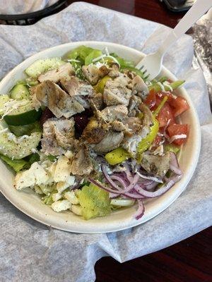 Greek salad with chicken! So good with all the fresh veggies. Friendly young ladies took our order & served our food.