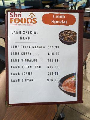 Boneless lamb specials.