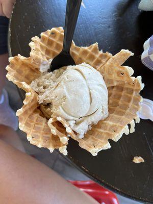 Cinnamon roll & coffee ice cream in a waffle bowl