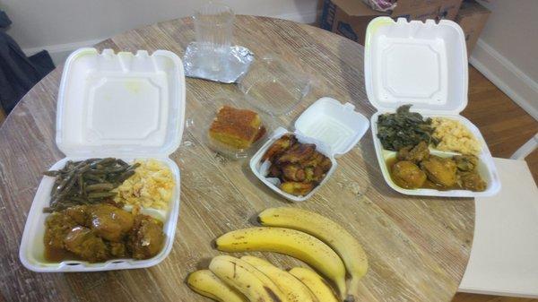 Ignore bananas.  2 Curry chicken platters. One with Mac & collards and the other with Mac & string beans.  Plantains and Corn Pudding sides.