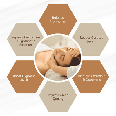 Massage therapy helps balance hormones by reducing cortisol (stress hormone) levels, increasing serotonin and dopamine (feel-good hormones),