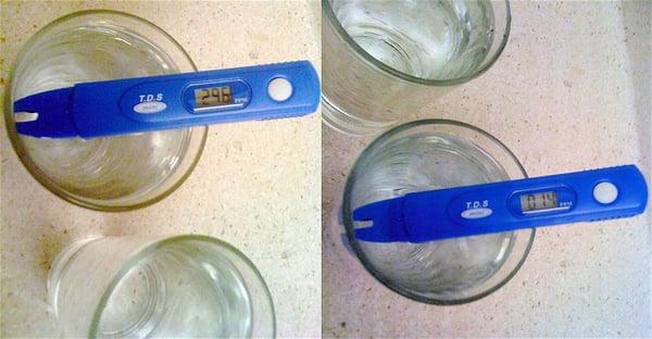 Tap water (left) versus filtered water with the APEC countertop unit (right) measured with quality meter. Lower number = cleaner