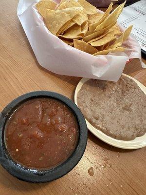 Chips, salsa, refried beans