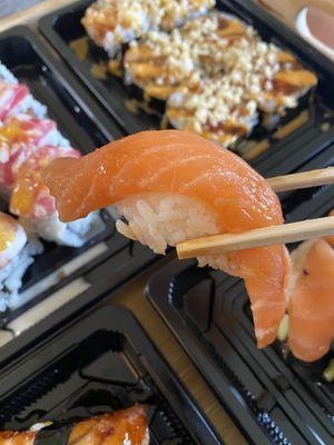 Salmon Sushi.   Look at the size of that fish!!