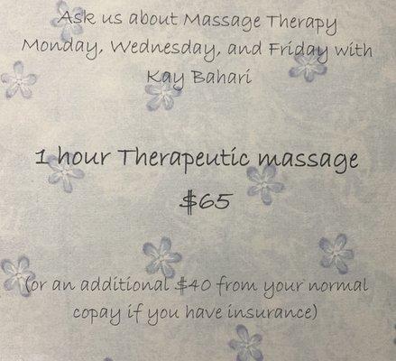 1 Hour Massage flier. 65 for an hour.