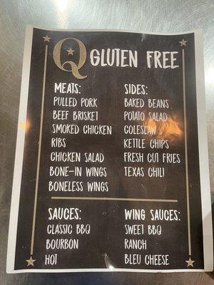 Gluten free menu