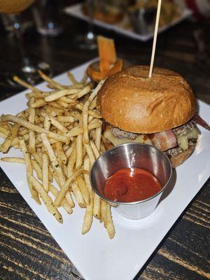 Bacon cheeseburger and fries