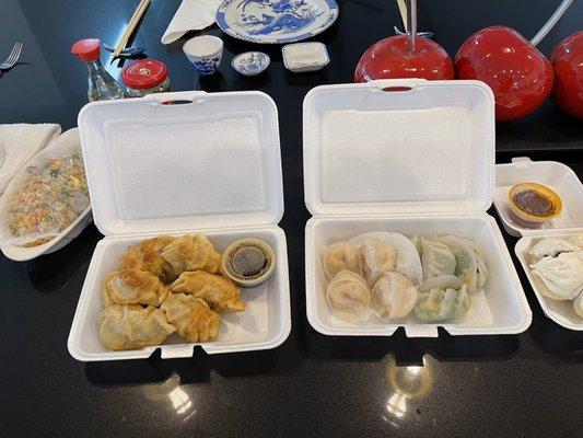 Left to Right: Pan Fried Pork Pot Stickers, Scallop & Shrimp Dumplings; Steamed Shrimp & Chive Dumplings