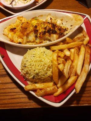 Seafood trio, rice and fries.