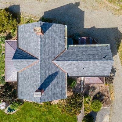 Drone photograph of GAF Timberline HDZ Lifetime roof shingles