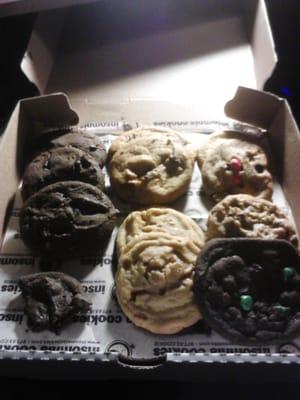 Various cookies. Double chocolate chip, chocolate chip, chocolate mint, peanut butter, sugar, M&M, and oatmeal raisin.