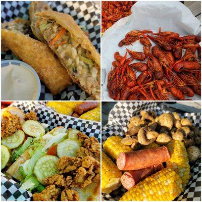 Another phenomenal visit for crawfish, an oyster po boy, boudin egg rolls and some sausage, corn, and mushrooms.