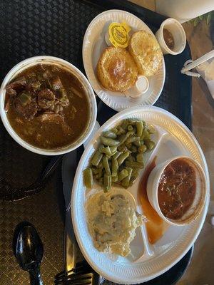 Crawfish etouffee, chicken and sausage gumbo, green beans, Cajun potato salad, corn bread