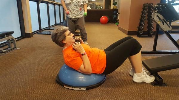 Michelle and Bosu weighted crunch.  Super good for the back