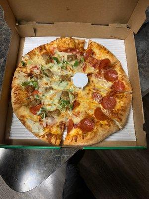 Half pepperoni half deluxe