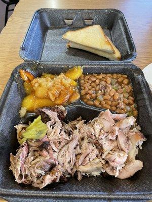 Pulled Pork, Smoked Chicken, Baked Beans, Peach Cobbler