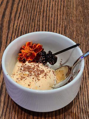 Vanilla Ice Cream, Chocolate Shavings, Luxardo Cherries, edible flower