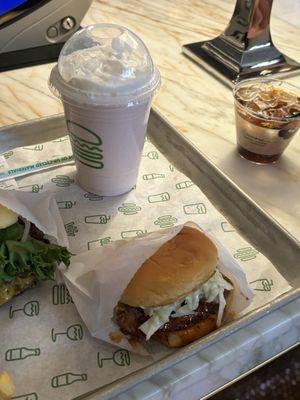 Hot chicken sandwich and strawberry shake