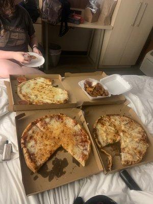 BBQ Chicken Pizza, Cheese Pizza, Cheese Sticks, potato wedge