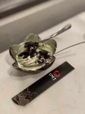 Matcha and vanilla swirl ice cream with Oreo toppings