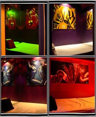 We have rooms with viewing windows or completely private, all around mirrors, as well as rooms featuring erotic art.