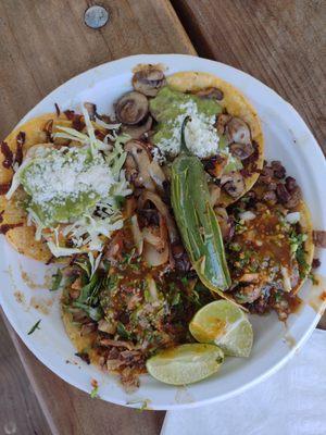 Tacos de bucha, camarones, mushroom and asada.