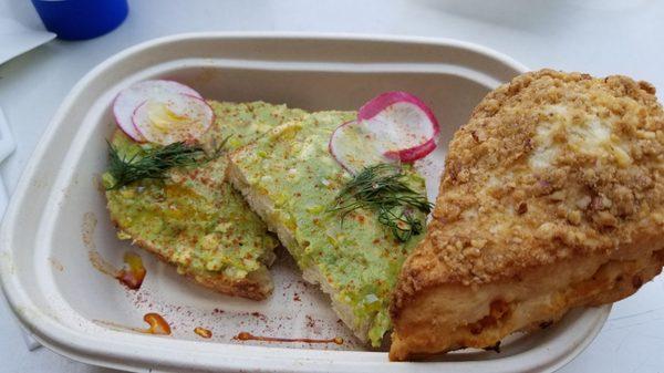 Avocado toast and peach pecan scone.