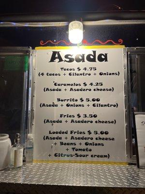 Carne asada menu as of 7/27/2021.  As of 7/27/21, carne asada is cooked fresh to order