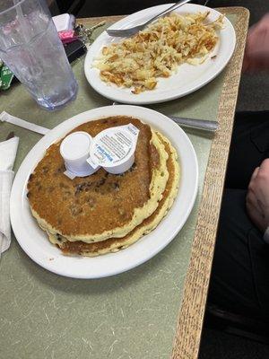 Chocolate Chip Pancakes and a side of Hash Browns