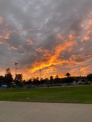 Post-volcanic eruption clouds at sunset